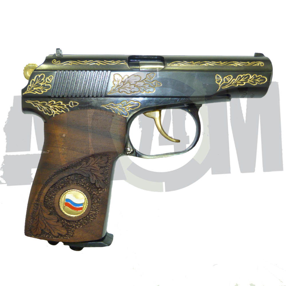 Пистолет пневматический МР-654К ПОДАРОЧНЫЙ "ЧЕРНЫЙ", желтая гравировка, рукоятка орех