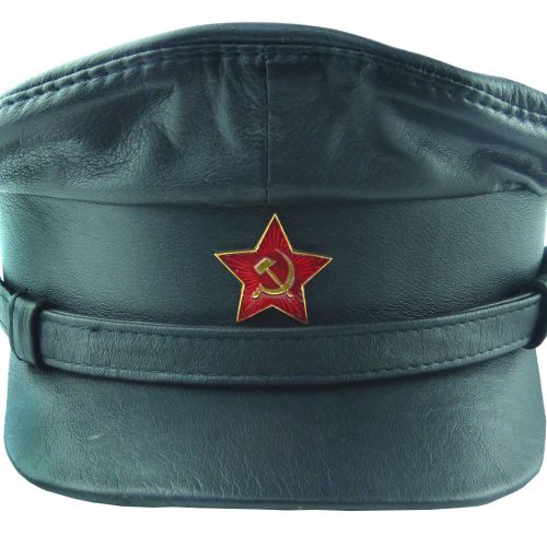Фуражка ЧК НКВД черная кожа, квадратный козырек (РЕПРО СССР)